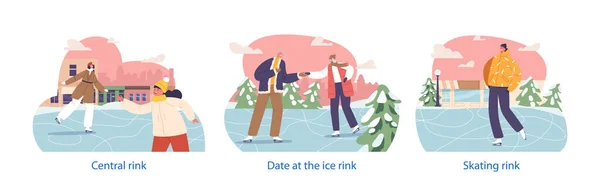 在中心城市冰场上 有个性的 滑行的 平稳的 快乐的 独立的元素 他们旋转和滑行 创造了一个冬天的欢乐场景 卡通人物矢量图解 — 图库矢量图片