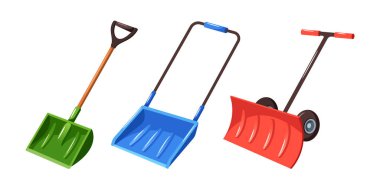 Kar temizleme kürekleri seti, verimli kar temizleme için tasarlanmış sağlam aletler. Dayanıklı Bıçaklar, Tekerlekler ve Ergonomik saplarla bu kürekler temizleme işlemini kolaylaştırıyor. Çizgi film Vektör İllüstrasyonu