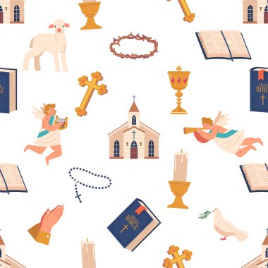 Hristiyan özellikleri, haçları, güvercinleri, kuzuları, melekleri ve İncil 'i olan kusursuz desenler. İnancı sembolize eden uyumlu tasarım, ve dini durumlar ve dekorlar için sevgi. Çizgi film Vektör İllüstrasyonu