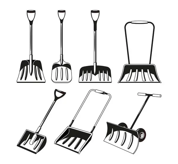 Black White Snowplow Shovels Icons Set Tools Designed Conquer Winter — Stock Vector