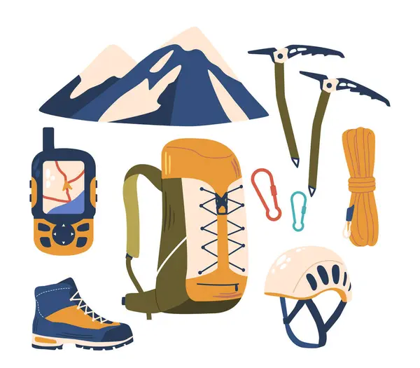 Alpinist Equipment Encompasses Climbing Essentials Ice Axes Harnesses Ropes Carabiners — Stock Vector