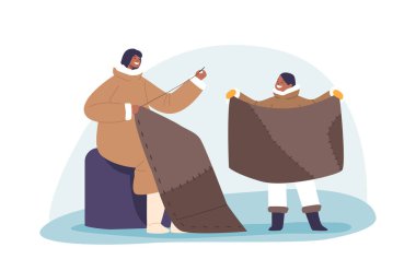 Yetenekli Eskimo Karakterleri, hayvan derilerinden elbise diker, Ilık ve İşlevsel Giysiler Yaratmak İçin İğne ve iplik kullanır, Sert Arktik Koşullara Dayanıyor. Çizgi film İnsanları Vektör İllüstrasyonu