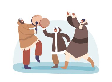 Eskimo Aile Karakterleri Canlı Çemberler 'de toplanıp davul ve tef ritmiyle dans ediyor. Hareketleri, kültürlerinin gücünü ve Kuzey Kutbu 'nun atışını ifade ediyor. Vektör İllüstrasyonu