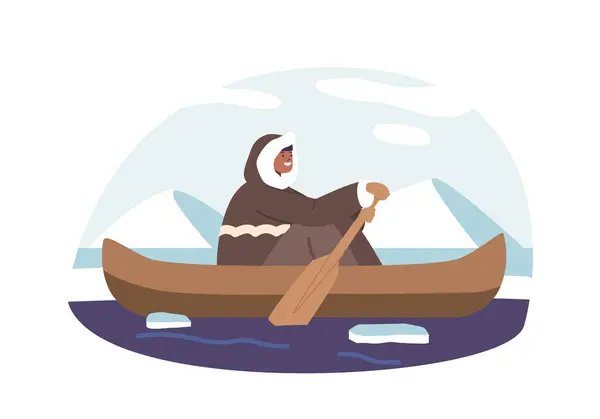 Ескімоський Персонаж Орієнтується Свій Човен Через Крижані Води Демонструючи Свій — стоковий вектор