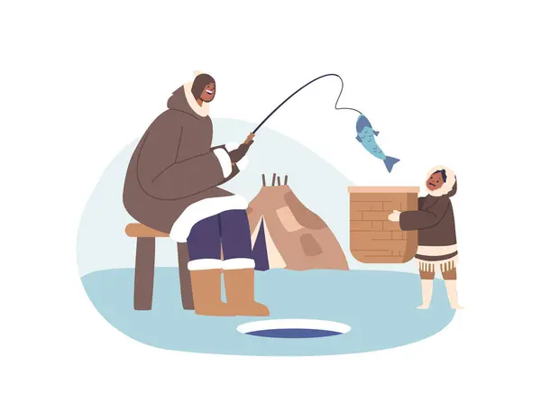 Eskimo Ebeveynler Çocuk Karakterleri Birlikte Balık Tutarlar Geleneksel Beceri Bilgi — Stok Vektör