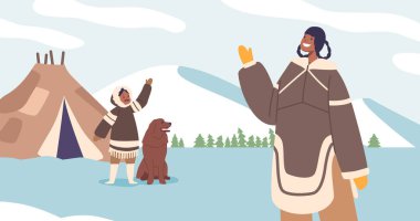 Eskimo Anne ve küçük çocuğu, sıcak kürklerine sarılmış, yurtlarının yanında duruyor, Kuzey Kutbu manzarasında sevgi ve bağlılık saçan gülümsemelerle el sallıyorlar. Çizgi film İnsanları Vektör İllüstrasyonu