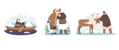 Eskimo Karakterleri Tekne Biniciliği, Burun Buruna Dokunuş, Ren Geyiğini Okşama Elementleri. Eskimo Halkı Yaşam Tarzı Esnek Kültür Mirası Sahneleri. Çizgi film Vektör İllüstrasyonu