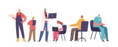 Çeşitli Yetişkin ve Çocuk Karakterleri Grubu laptoplarına dalmış, verimlilik ve öğrenmeyle meşgul, Dijital Çağ Etkisini Gösteriyorlar. Çizgi film İnsanları Vektör İllüstrasyonu