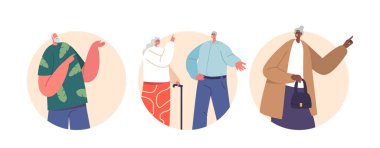 Tecrit edilmiş Yuvarlak Simgeler veya Yaşlıların Görselleri Bilgelik ve Tecrübe Gösteriyor, Güvenilir İşaret İşaretleriyle Kılavuz Ediyor. Sözsüz İşaretler Güvenlerini Taşımak. Çizgi film Vektör İllüstrasyonu