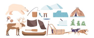 Eskimo Eşyalar ve Nesneler Çizgi film Vektör Kümesi. Kutup Ayısı, Ren Geyiği, Tef ve Asa. Igloo ve Yurt Konutları Dondurucu Kuzey Kutbu Koşulları, Buzda Balıkçılık Aletleri, Tekne ve Kızaklar Taşımacılık İçin