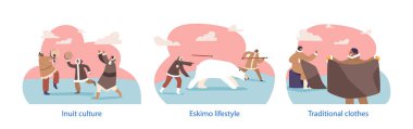Eskimo karakterleriyle izole edilmiş elementler kutup ayısı avlıyor, dikiş dikiyor ve dans ediyor. Kuzey Kutup Çevresindeki Eskimo Kültürü, Yaşam Tarzı ve Gelenek Sahneleri. Çizgi film Vektör İllüstrasyonu