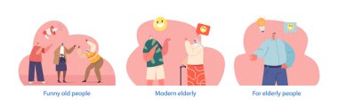 Komik yaşlı insanlarla izole elementler. Modern Yaşlı Karakterler Kahkahaları Paylaşır, Şakacı İşaretler Gösterir, Ve Yaygın Bulaşıcı Neşe, Eğlence ve Mizah. Çizgi film Vektör İllüstrasyonu