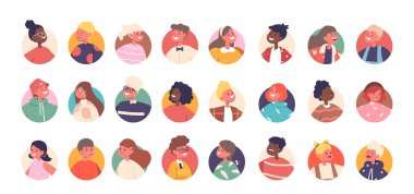 Çocuk Görseller Seti. Etkileyici Küçük Karakterler Koleksiyonu. Çeşitli Tatlı Erkekler ve Kızlar, Zevkli, Özelleştirilebilir Yuvarlak Simgeler veya Portreler Koleksiyonu. Çizgi film İnsanları Vektör İllüstrasyonu