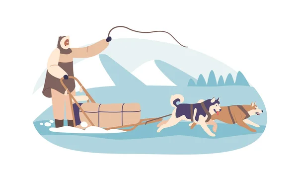 Eskimo Karakteri Kuzey Kutbu Nda Bir Köpek Kızağına Rehberlik Ediyor — Stok Vektör