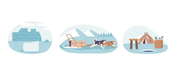Isolierte Vektorelemente Mit Eskimo Hundeschlitten Angetrieben Von Widerstandsfähigen Huskies Gleiten — Stockvektor