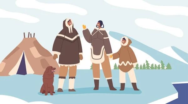 爱斯基摩家庭 沉浸在温暖的泡沫中 站在他们传统的酸奶旁 在清澈的北极风景中欢快地微笑和摇曳 拥抱他们独特的文化 卡通人物矢量图解 — 图库矢量图片