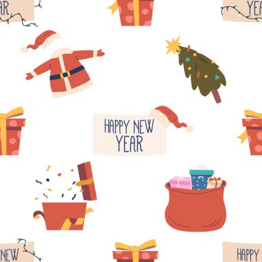 Kusursuz desensiz Noel eşyaları, şölen dekorasyonu, Noel Baba kostümü, süslü çam ağacı, pankart ve çelenk. Tekstil ve geçmiş için sürekli motif. Çizgi film Vektör İllüstrasyonu
