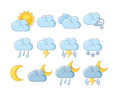 Hava Durumu Tahminleri Bulut Simgeleri Ayarlandı. Bulut elementlerinin Sunny Skies 'den Stormy, Lightning and Snow Clouds' a kadar çeşitli hava koşullarını temsil eden kapsamlı bir koleksiyonu var. Çizgi film Vektör İllüstrasyonu