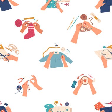 Çekici, kusursuz desenli eller nakış ve örgü sanatıyla meşgul. Samimi ve kurnaz döşeme geçmişi tekstil tutkunları ve Diy Aşıkları için mükemmel. Çizgi film Vektör İllüstrasyonu