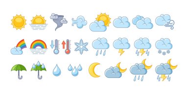 Hava tahmin elementleri ayarlandı. Sıcaklık, Sağanak yağış, Rüzgar Hızı, Nem ve Atmosfer Basınç Simgeleri günlük hava durumunu tahmin etmeye ve anlamaya yardımcı olur. Çizgi film Vektör İllüstrasyonu