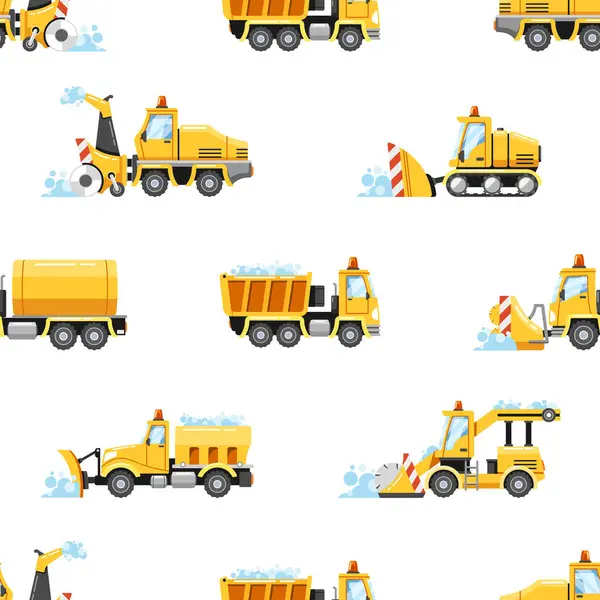Seamless Pattern Featuring Snowplow Machines Grader Truck Loader Vehicles Clearing — Stock Vector