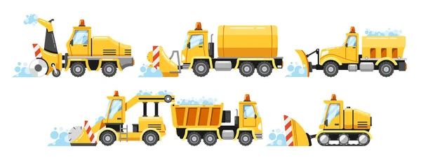 Heavy Snowplow Transport Set Truck Mounted Plows Snowcat Vehicles Snow — Stock Vector