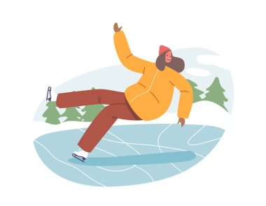 Mutsuz bir kadın karakteri buz pistinde kayıyor, yüzü dehşet içinde kıvranıyor ve zarif bir dönüş beklenmedik bir tümseğe dönüşüyor. Buz pateni riskini hatırlatan ürpertici bir şey. Çizgi film İnsanları Vektör İllüstrasyonu