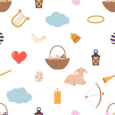 Güzel Angelic Ögeleriyle Kusursuz Desen. Güvercin, Bulut, Harp, Paskalya Yumurtalı Sepet, Fener, Mum, Çan, Ok, Kuzu ve Kalple Trompet. Çizgi film Vektör Döşeme Arkaplanı