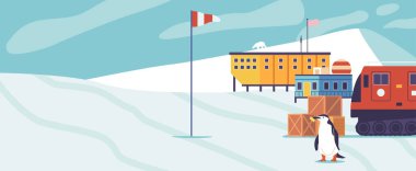 Kutup Bilimsel İstasyonu. Kutup Bölgelerindeki Uzaktan Araştırma Tesisi iklim, vahşi yaşam ve jeoloji çalışmalarına adanmıştır. Kar, Penguen ve Konaklama ile Çizgi film Vektör Manzarası