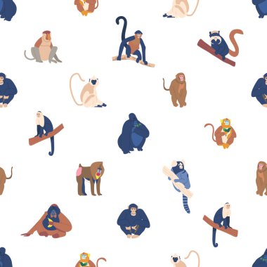 Oyuncak Maymunlarla Kusursuz Şablon Maymunlarla Büyüleyici ve Tuhaf Tasarım Yaratmak Süslemeye Neşeli ve Enerjik Bir Dokunuş Ekliyor. Çizgi film Vektör İllüstrasyonu, Döşeme Arkaplanı