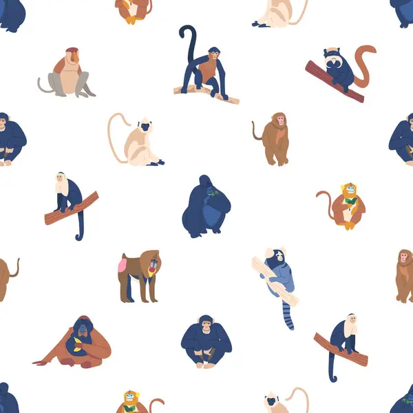Płynny Wzór Zabawnymi Małpami Tworząc Uroczy Kapryśny Design Małpami Przyprawy — Wektor stockowy