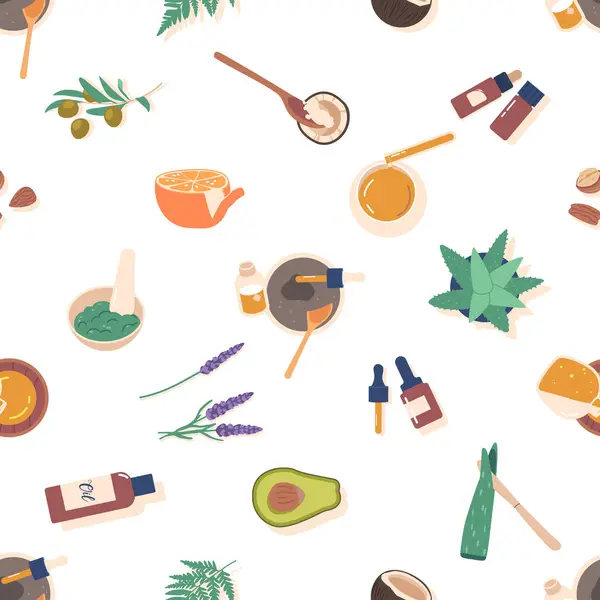 Seamless Pattern Featuring Delightful Array Botanical Ingredients Tools Crafting Natural — Stock Vector