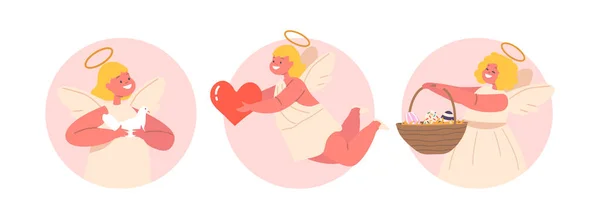 Ізольовані Круглі Ікони Або Аватари Червоними Ангелами Голубці Серце Кошик — стоковий вектор