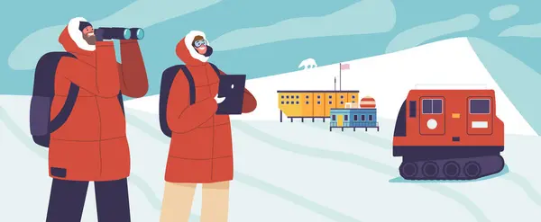 Arctic Exploration Polar Expedition Concept Homme Femme Scientifique Explorer Personnages — Image vectorielle