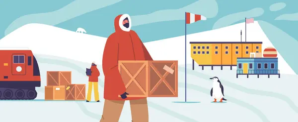 Polarforscher Laden Holzkisten Auf Wissenschaftsstation Wissenschaftlerfiguren Der Antarktischen Landschaft Mit — Stockvektor