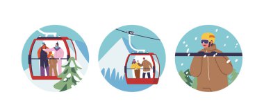 İzole edilmiş Yuvarlak Simgeler ya da Karakterli Avatarlar Bir Arabadaki Kış Manzaralarının keyfini çıkarın, Kayak Resort 'un Manzarası ile büyülendiniz, İnsanlar Kış Tatillerini Dağlarda Geçiriyor. Çizgi film Vektör İllüstrasyonu