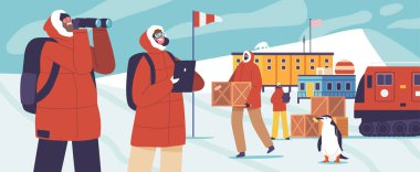 Kutup Kaşifleri Karakterleri Uzak Bilimsel İstasyonda Cesur Koşullar, Gelişen İklim Araştırmaları ve Antarktika 'nın Gizemleri. Çizgi film İnsanları Vektör İllüstrasyonu