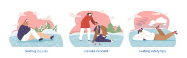 Buz pateni sahasına düşen, travma geçiren ve yaralanan erkek ve kadın karakterlerle izole edilmiş elementler. İnsanlar için Paten Olayları ve Güvenlik İpuçları kavramı. Çizgi film Vektör İllüstrasyonu