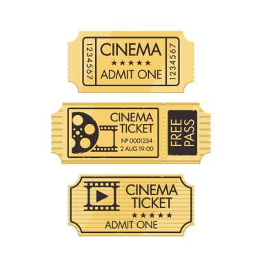 Retro kamera ve ayrılık hattıyla klasik sinema bileti. Kağıt giriş kartı, kupon şablonunu sinema salonuna uzat. Tarih, saat, koltuk ve sıra numaralarıyla film izlemek için giriş. Çizgi film Vektörü Ayarları
