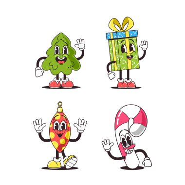 Retro Groove Noel Karakterleri. Yanıp sönen ışıklar, Noel 'in sembolü, havalı hediye kutusu, stile bürünmüş, Bauble ve Candy Cane' i Noel atmosferinde sallanmaya hazır. Çizgi film Vektör İllüstrasyonu