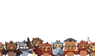 Sevimli Baykuşlar çizgi film karakterleriyle süslenmiş, sevimli ve sevimli her şey için mükemmel, kaprisli ve büyüleyici bir tasarım yapan hoş, kusursuz bir desen. Çizgi film Vektörü Yatay Duvar Kağıdı, Kenarlık