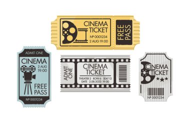 Klasik sinema biletleri, sinema kuponunu ver. Ayrılma çizgisi olan kağıt şablonlar, giriş kartı, tarihi, saati, koltuğu ve sıra numarası olan film kaydı. Çizgi film Vektör İllüstrasyonu