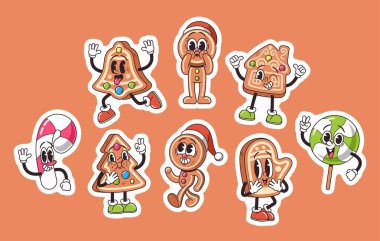 Retro tarzı Noel Tatlıları Karakterleri olan çıkartmalar. Nostaljik Zencefilli Çörek Adam, Şeker Çubuğu ve Lolipop Vintage Kişileri Bayram Neşesi Spread. Çizgi film Vektör İllüstrasyonu, İzole Yamalar