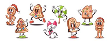 Eski tarz Noel Tatlıları Karakterleri. Nostaljik zencefilli kurabiye adam, şeker kamışı, ve eski renkte lolipop bayram neşesi. Çizgi film Vektör İllüstrasyonu