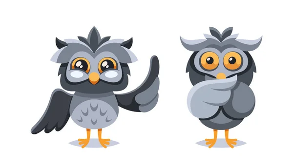 Cute Cartoon Owl Big Eyes Soft Grey Feathers Sweet Wide — Stock Vector
