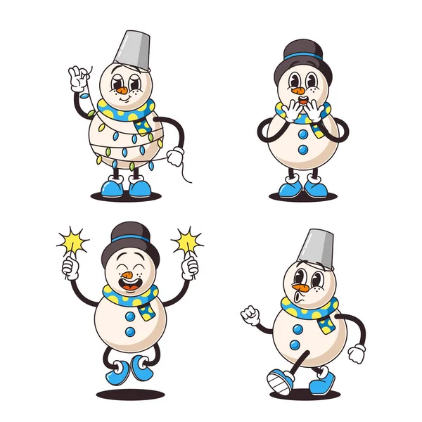 Cartoon Snowmen Characters Retro Style Wear Classic Top Hats Buckets — Stock Vector