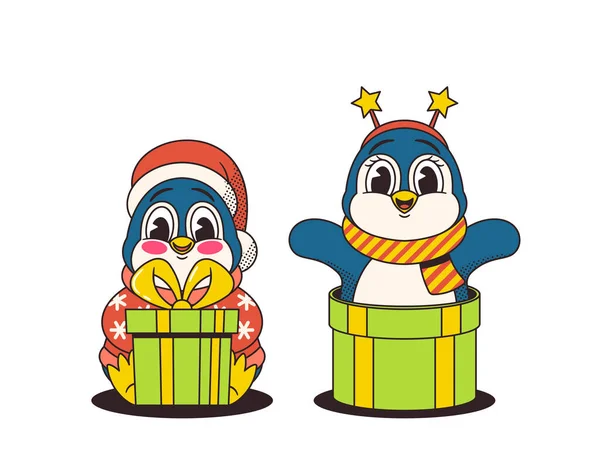 Charmants Personnages Dessins Animés Rétro Pingouin Ornés Chapeau Père Noël — Image vectorielle