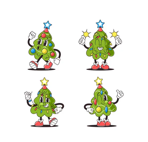 クリスマスツリーのキャラクター Groovy お祝いのバイブとスウィーズ ジャジーバブルと輝く糸で飾られ ユレチドチアを広める カートゥーンレトロパインまたはスプルースエモーション ベクターイラスト — ストックベクタ