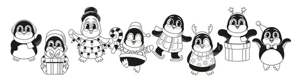 Black White Holiday Weihnachten Retro Stil Pinguine Niedliche Vögel Bringen — Stockvektor