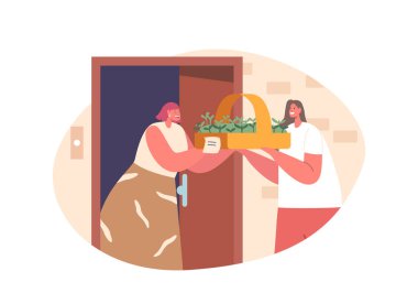 Adanmış Kadın Çiftçi Karakteri, Taze mikroyeşilliklerle dolu, Neşeli Müşteri Kapısına Elle Verilen Yeşillik, Besleyici Yeşillikler. Çizgi film İnsanları Vektör İllüstrasyonu